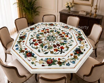 White Marble Dining Table Top, Multi Stone Inlay Octagonal Table, Luxury Handmade Furniture