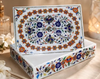 White Marble Jewelry Box Multi Semi Precious Inlaid Stone Art Gift for Her