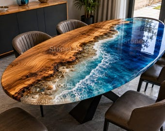 Mesa de comedor ovalada de madera de acacia con resina epoxi – Muebles de resina Ocean Beach