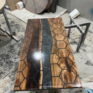 Hexogan Design,Resin Table,Large Epoxy River Table Top, River Epoxy Table,Wood office Countertop,Natural Acacia Wood, Resin Dining Furniture
