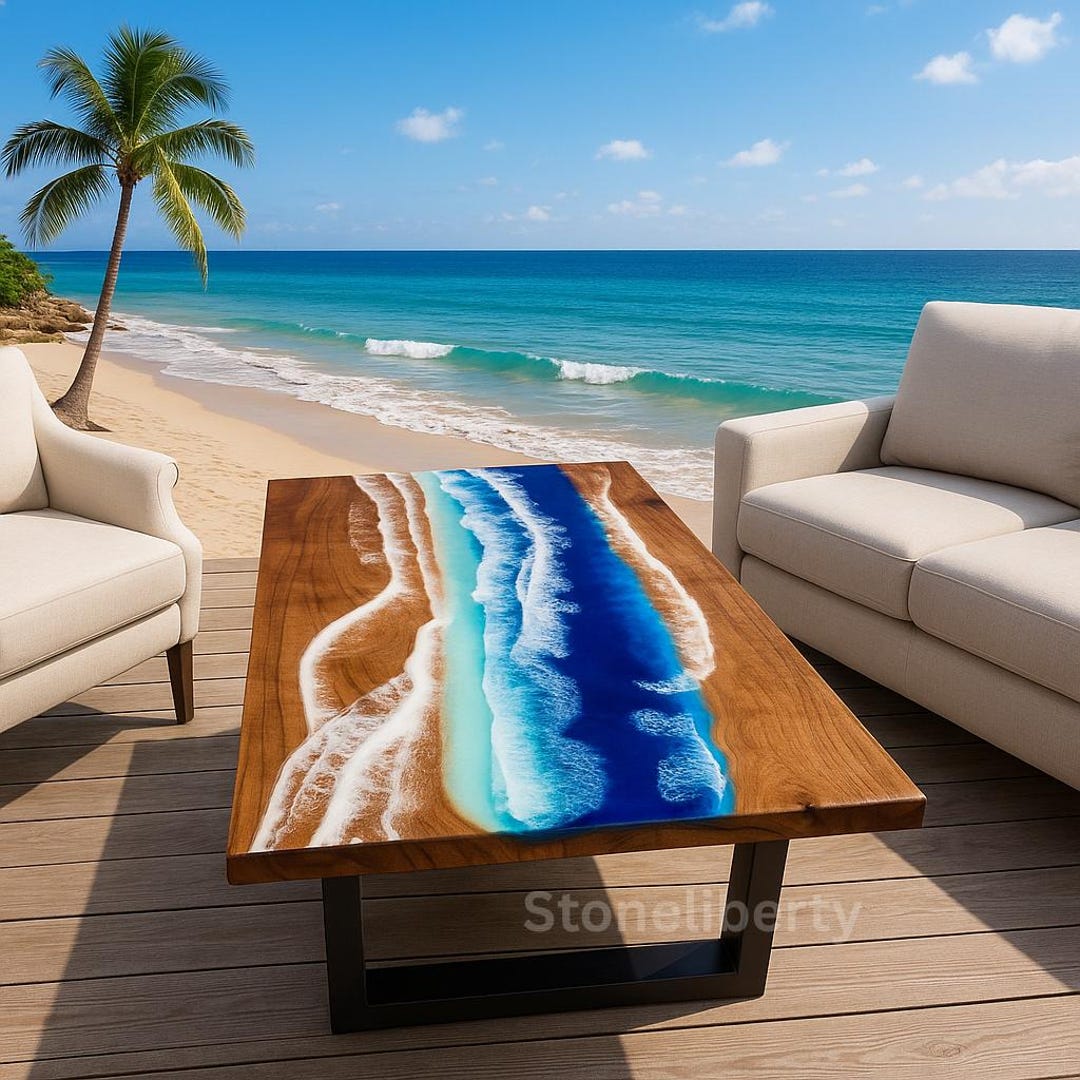 Acacia Wood Ocean Resin Table, Coastal Dining Furniture - Etsy