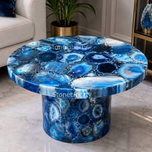Blue Agate Round Coffee Table Top | Natural Gemstone Luxury Furniture
