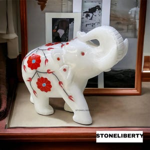 Natural Alabaster Marble Inlay Elephant - Handcrafted Decorative Marble Elephant Statue
