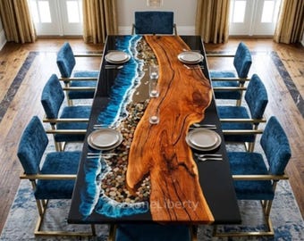 Ocean Wave Epoxy Table, Live Edge Wood Resin Table, Rectangle Conference Table, Coastal Office Desk, Luxury Living Room Furniture
