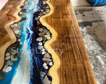 Acacia Wood Ocean Epoxy River Table, Coastal Live Edge Coffee Table, Handmade Living Room