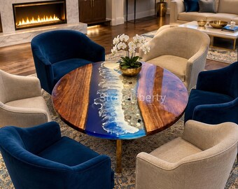 Round Acacia Wood Epoxy Resin Table | Pebble River Coffee Table, Handmade Furniture
