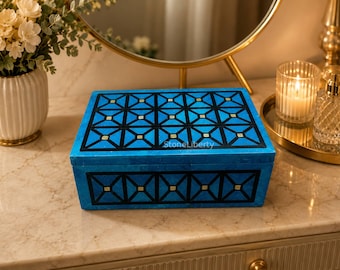 Turquoise Stone Marble Jewelry Box, Semi Precious Stone Inlay Box, Handmade Keepsake Box, Luxury Vanity Decor, Gemstone Trinket Organizer