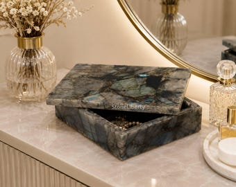 Handmade Labradorite Jewelry Box, Natural Gemstone Keepsake Organizer, Luxury Vanity Decor