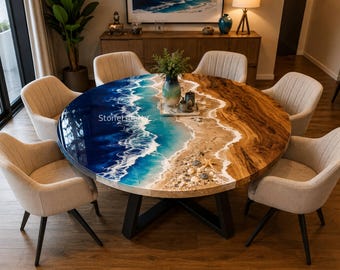 Round Ocean Epoxy Dining Table, Beach Resin Table, Coastal Dining Room Furniture, Handmade Ocean Wave Table, Luxury Home Decor
