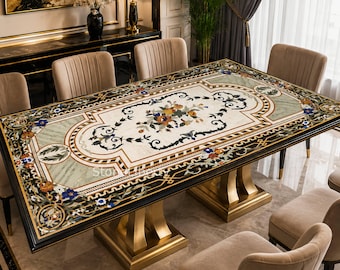 Black Marble Inlay Dining Table | Handmade Luxury Mosaic Furniture, Custom Stone