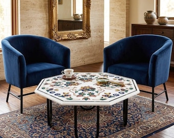 Handmade Marble Center Table | Floral Inlay Semi Precious Stone Work Home Farmhouse  Decor