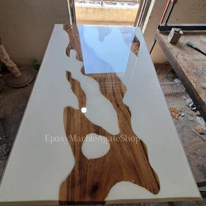 White Epoxy Table Resin River Table Acacia Wood Dining Table Farmhouse Custom Order Coffee Table Handmade Mid Century Modern Arts Furniture