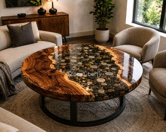 Round Acacia Wood Epoxy River Table | Natural Stone Resin Coffee Table