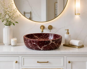 Rosso Levanto Marble Vessel Sink, Handmade Natural Stone Basin, Modern Bathroom Decor