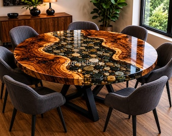 Pebble Epoxy Resin Coffee Table | Crystal Rock Wood Table | Handmade Ocean Style Furniture