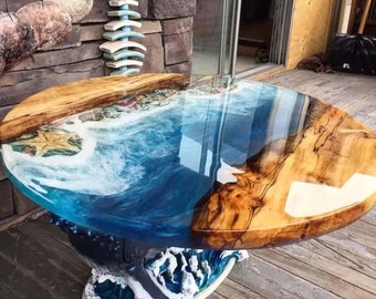 Epoxidharz Ocean Wave Couchtisch, Holzakzent, Sonderanfertigung
