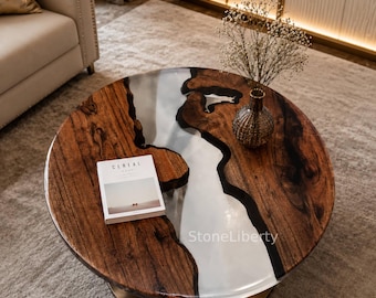 Round Acacia Wood Epoxy River Coffee Table | Natural Live Edge Living Room Furniture