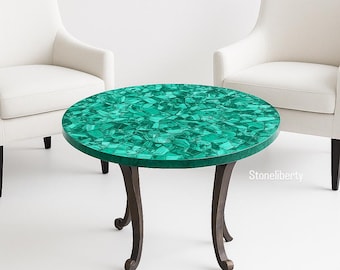 Handmade Green Malachite Inlay Round Coffee Table, Modern Home Decor