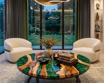 Handmade Green Epoxy Coffee Table Modern Resin Wood Table Living Room Furniture