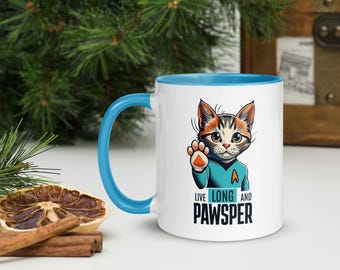 Taza Cat Trek - Larga vida y patitas - para fans de Star Trek, ciencia ficción y amantes de los gatos