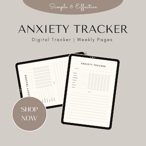 Könnte beinhalten: Ein digitaler Angst-Tracker mit zwei Seiten. Die erste Seite hat ein Raster mit Kreisen, um Angstzustände zu verfolgen. Die zweite Seite hat einen Bereich für Notizen und einen Wochenkalender mit Kreisen, um Angstzustände zu verfolgen. Der Text "ANXIETY TRACKER" steht oben auf beiden Seiten.