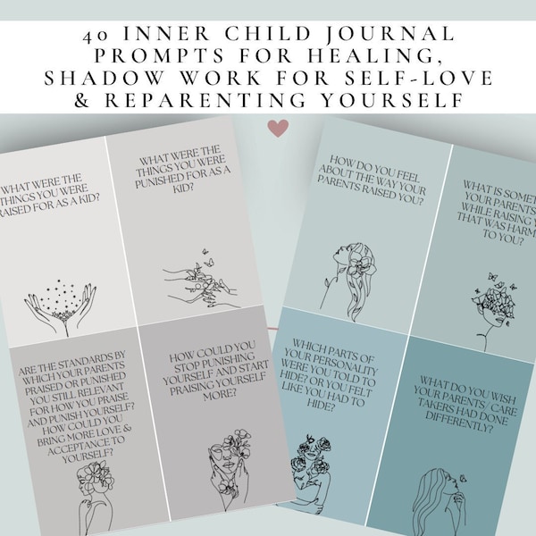 Inner Child Journal Prompts for Reparenting Yourself, Shadow Work Prompts, Self Love & Healing Cards, therapy tool, affirmation cards