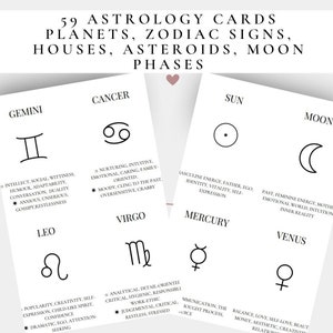 Karty astrologiczne, znaki zodiaku, planety, domy, fazy księżyca, karty quizowe, karty wyroczni, karty tarota, nauka astrologii, karty do druku, pliki PDF