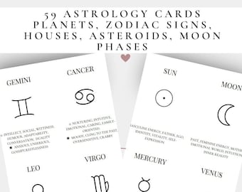 Astrology Cards, Zodiac Signs, Planets, Houses, Moon Phases, Quiz Cards, Oracle Cards, Tarot Cards, Study Astrology, Printable Cards, PDF