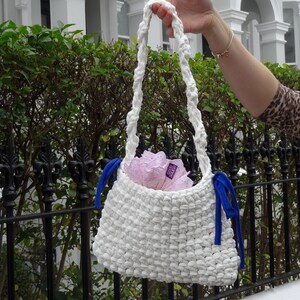 white & blue shoulder crochet bow bag