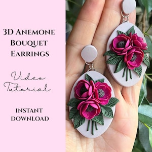 Può includere: Orecchini a bouquet di anemoni 3D. Questi orecchini fatti a mano presentano un gruppo di fiori di anemone magenta con centri scuri e foglie verdi, su una base ovale grigio chiaro. Il testo "Video Tutorial" e "Instant Download" è visibile.