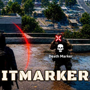Op de afbeelding: Een digitale videogame-scène met een personage in een donkere jas met capuchon en rugzak op een dak. Een rode gebogen lijn geeft een traject aan naar een ander personage dat is gemarkeerd met een wit schedelpictogram en de tekst Death Marker.