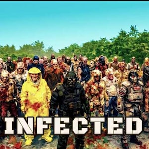 May include: A digital illustration of a large, diverse crowd of zombies standing in a forest clearing. The word INFECTED is printed in bold white capital letters at the bottom center. The figures include a person in a yellow hazmat suit and a person in tactical gear.