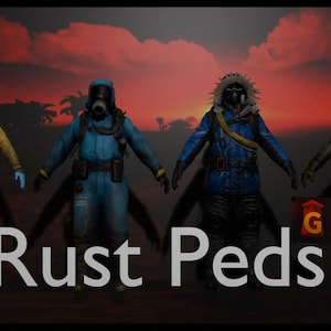May include: Four figures in protective gear stand against a sunset background. The first wears a yellow suit with a black visor, the second a blue suit with a gas mask, the third a blue parka with a fur hood, and the fourth a grey outfit with a gas mask. Text reads Rust Peds.