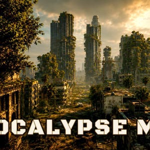 May include: A digital illustration of a post-apocalyptic cityscape featuring crumbling skyscrapers overgrown with vegetation under a golden sunset sky, with the bold white text APOCALYPSE MAP centered at the bottom of the image.