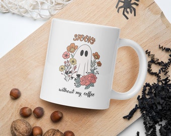 Spooky without my coffee Halloween mug with cute ghost and flowers. White glossy mug. Spooky coffee and tea.