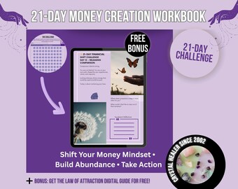 Puede incluir: Una guía digital 21-Day Money Creation Workbook de color morado que incluye un rastreador de desafío 10K, una página de desafío de cambio financiero con imágenes de mariposas y dientes de león, notas y una insignia Crystal Healer Since 2002.