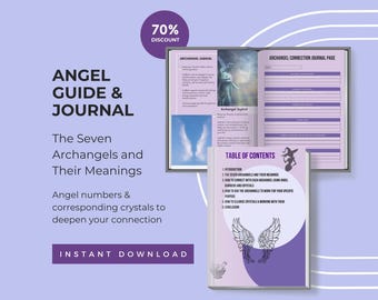 Puede incluir: Un libro y un diario abiertos con el texto "Angel Guide & Journal" y "The Seven Archangels and Their Meanings". El libro presenta imágenes de ángeles y alas de ángel, con una insignia de descuento del 70%. El texto "Descarga instantánea" también es visible.