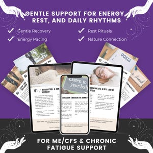 May include: A digital guide for ME/CFS and chronic fatigue support displayed on a tablet and smartphone. The purple background features text including Gentle Support for Energy, Rest, and Daily Rhythms, with checkmarks for recovery and rituals.