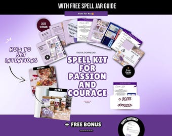 Puede incluir: Un kit de hechizos de descarga digital para la pasión y el coraje, con un diseño púrpura y blanco. La imagen incluye el texto "Spell Kit for Passion and Courage", "How to Set Intentions" y "Free Journal".