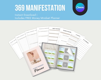 May include: A set of printable 369 manifestation worksheets and a vision board template. The worksheets include sections for financial freedom, manifesting your dreams, and a 369 manifestation journal. The vision board template is a blank page with a title that says "Vision Board". The set also includes a pink and white money mindset planner with a graphic of a hand putting coins into a glass jar.