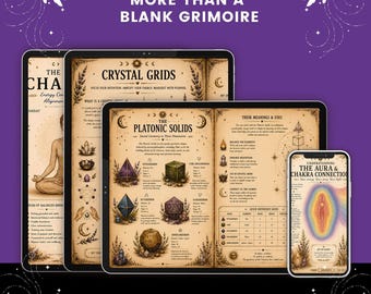Puede incluir: Páginas digitales mostradas en tabletas y un teléfono inteligente con el texto "More Than A Blank Grimoire". El contenido incluye "Crystal Grids", "The Platonic Solids" con ilustraciones geométricas y la guía "The Aura & Chakra Connection".