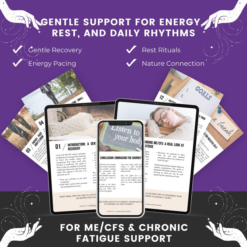 K&ouml;nnte beinhalten: Ein digitaler Leitfaden zur Unterst&uuml;tzung bei ME/CFS und chronischer Ersch&ouml;pfung auf einem Tablet und Smartphone. Der violette Hintergrund enth&auml;lt Text wie Gentle Support for Energy, Rest, and Daily Rhythms mit H&auml;kchen f&uuml;r Erholung.