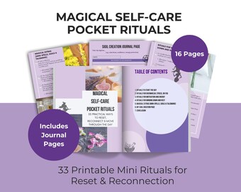 Puede incluir: Un folleto imprimible de 16 páginas titulado Magical Self-Care Pocket Rituals que presenta 33 formas prácticas de reiniciar y reconectar. Las páginas incluyen una tabla de contenidos, páginas de diario para crear sigilos y guías de rituales.