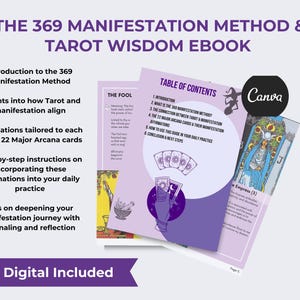 May include: A purple and white ebook cover with the title "The 369 Manifestation Method & Tarot Wisdom Ebook". The cover features a tarot card with the Empress, a woman sitting on a throne, and a table of contents with a list of topics related to manifestation and tarot.