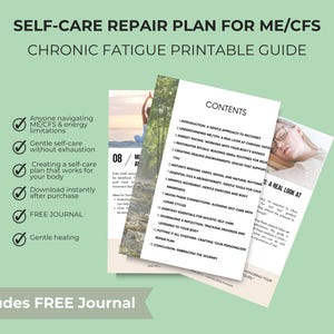 K&ouml;nnte beinhalten: Ein druckbarer Leitfaden mit dem Titel Self-Care Repair Plan for ME/CFS, der eine Inhaltsseite mit Abschnitten zu Energieeinteilung, regenerativen Ritualen und Naturweisheiten enth&auml;lt. Das Dokument zeigt Bilder von Meditation und Ruhe sowie ein Journal.