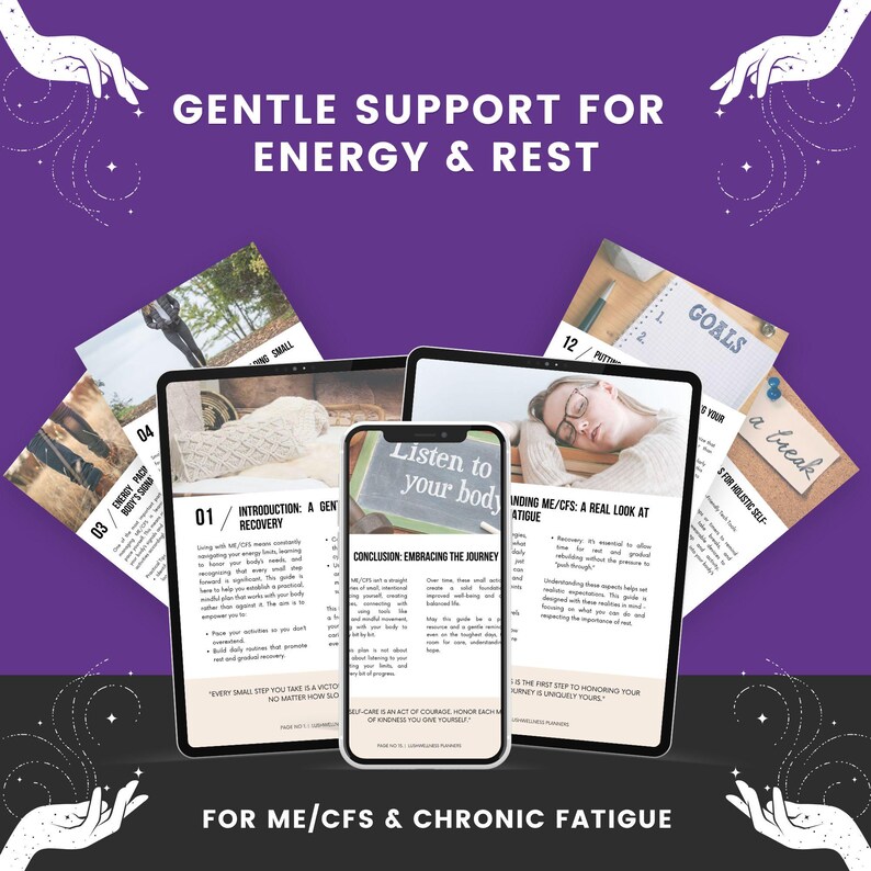 May include: A digital guide titled Gentle Support for Energy & Rest for ME/CFS & Chronic Fatigue displayed on a smartphone and two tablets. The screens show text, headers like Introduction: A Gentle Recovery, and images of a person resting.
