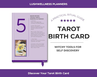 Puede incluir: Un libro morado y blanco titulado "Tarot Birth Card" con el texto "Witchy Tools for Self Discovery". El libro presenta un gran número 5 y detalles sobre Major Arcana, Crystal, Rune & Essential Oil Pairings.