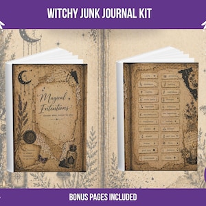 May include: A "Witchy Junk Journal Kit" featuring two open journals. The left journal cover reads "Magical Intentions" with moon and botanical illustrations. The right journal has labeled sections. The background is vintage style with a purple banner.