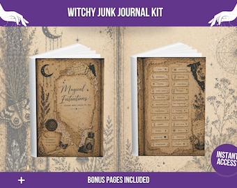 Puede incluir: Un kit de diario Witchy Junk con dos diarios abiertos. El diario de la izquierda tiene el texto "Magical Intentions" y una luna creciente. El diario de la derecha tiene una lista de palabras. El fondo es de estilo vintage.