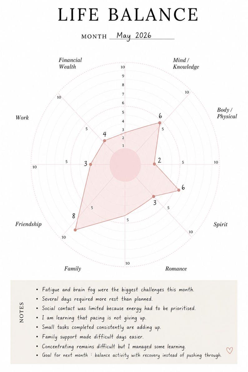 May include: A Life Balance radar chart for May 2026 with a pink shaded area representing data points across eight categories including Work, Financial Wealth, Mind, Body, Spirit, Romance, Family, and Friendship, with a notes section below.
